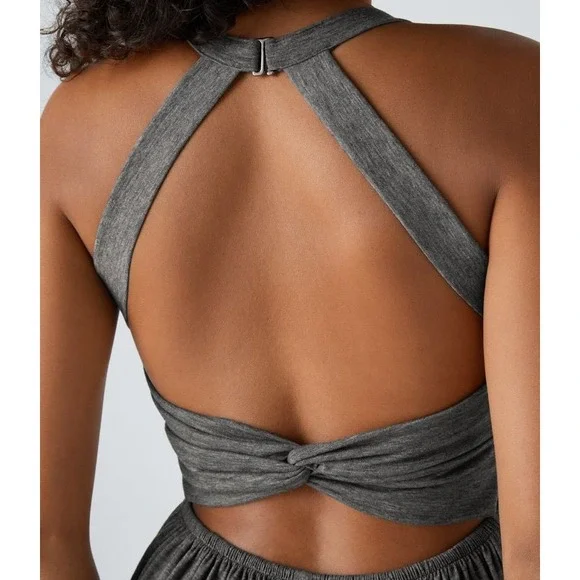 Halara U Neck Pocket Harem Gray Heathered Twist Back Halter Jumpsuit Size Medium - Picture 3 of 9